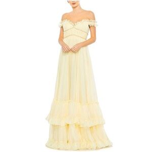 Mac Duggal Yellow Off-Shoulder Tiered Gown